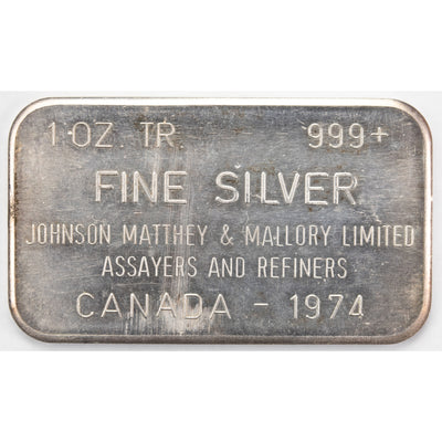 SOLD Johnson Matthey Mallory JM&M 1oz .999 Fine Silver Bar - Dated 1974
