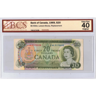 SOLD $20 1969 Bank of Canada Note *WL Replacement Prefix BC-50bA - BCS EF-40