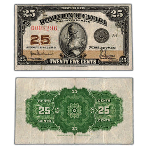 SOLD 25 Cents 1923 Dominion of Canada Note Shinplaster Hyndman DC-24a - Pressed