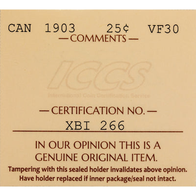 Canada 1903 25 Cents Quarter Silver Coin - ICCS VF-30