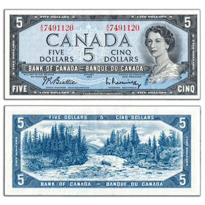 SOLD $5 1954 Bank of Canada Note Beattie-Rasminsky A/S Prefix BC-39b - EF
