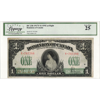 SOLD $1 1917 Dominion of Canada Note Saunders ONE at Right Series Y DC-23b - Legacy VF-25