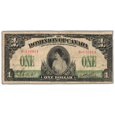 SOLD $1 1917 Dominion of Canada Note No Seal Series R DC-23a-ii - Fine (trimmed)