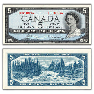 SOLD $5 1954 Bank of Canada Note Bouey-Rasminsky V/X Final Prefix BC-39c - AU/UNC