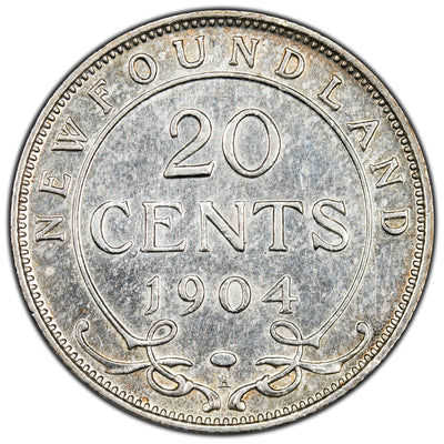 Newfoundland 1904-H 20 Cents Silver Coin - One Year Type - EF (cleaned)