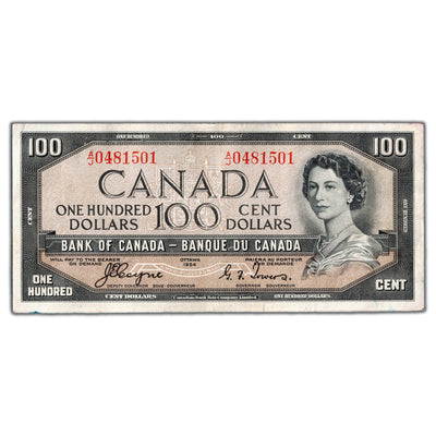 SOLD $100 1954 Bank of Canada Note Devil Face Coyne-Towers BC-35a - VF