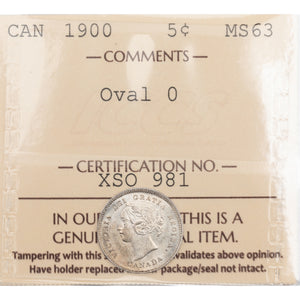 SOLD Canada 1900 Oval 0's 5 Cents Silver Coin - ICCS MS-63