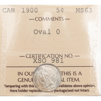 SOLD Canada 1900 Oval 0's 5 Cents Silver Coin - ICCS MS-63