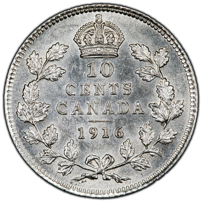 Canada 1916 10 Cents Dime Silver Coin - AU-58