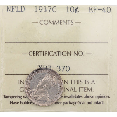 Newfoundland 1917-C 10 Cents Dime Silver Coin - ICCS EF-40