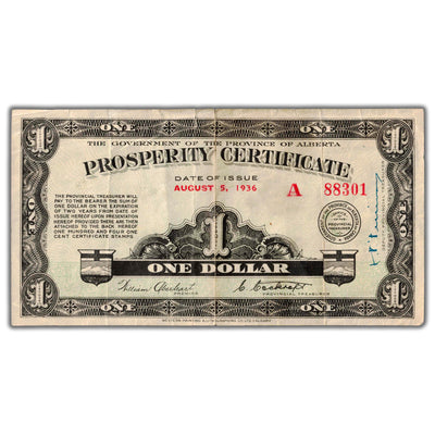 SOLD $1 1936 Alberta Prosperity Certificate Note A-1 - 3 Stamps  - Tear