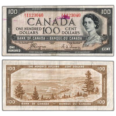 SOLD $100 1954 Bank of Canada Note Devil Face A/J Prefix BC-35a - Ink