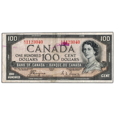 SOLD $100 1954 Bank of Canada Note Devil Face A/J Prefix BC-35a - Ink