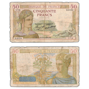 SOLD France 1937 50 Fifty Francs Note P #81 - Edge Issues