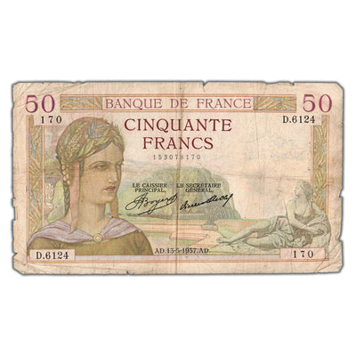 SOLD France 1937 50 Fifty Francs Note P #81 - Edge Issues