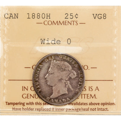 Canada 1880-H Wide 0 25 Cents Quarter Silver Coin - ICCS VG-8