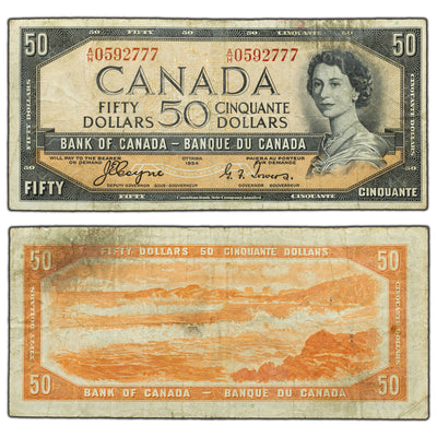 SOLD $50 1954 Bank of Canada Note Devil Face A/H Prefix BC-34a - Soiled
