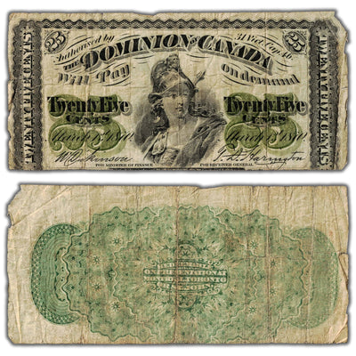 25 Cents 1870 Dominion of Canada Shinplaster Note Plain DC-1c - Damaged