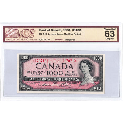 SOLD $1000 1954 Bank of Canada Note Lawson-Bouey A/K Prefix BC-44d - BCS UNC-63