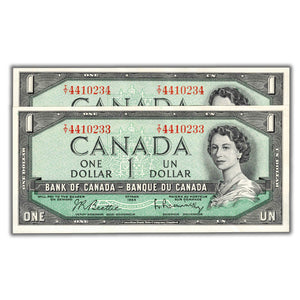 SOLD $1 1954 Bank of Canada Notes I/Y Prefix BC-37b - 2 Consecutive - AU/UNC