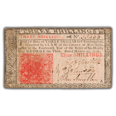 SOLD United States New Jersey 1776 3 Three Shillings Colonial Note NY #177 - Pinholes