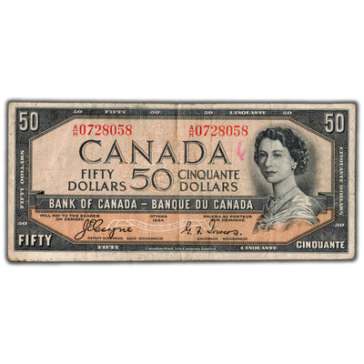 SOLD $50 1954 Bank of Canada Note Devil Face Coyne-Towers BC-34a - Writing