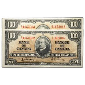 SOLD $100 1937 Bank of Canada Note Gordon-Towers BC-27b - 2 Consecutive - VF/EF