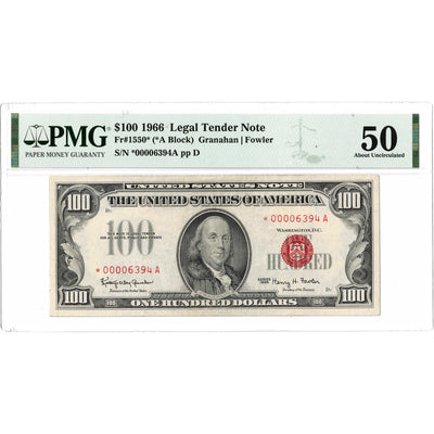 United States 1966* $100 Legal Tender Star Note Fr. 1550* - PMG AU-50
