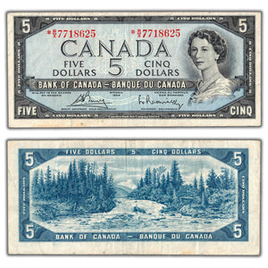 SOLD $5 1954 Bank of Canada Note *R/X Replacement Prefix Above 7.64m BC-39cA - VF