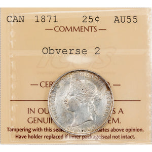 SOLD Canada 1871 Obverse #2 25 Cents Quarter Silver Coin - ICCS AU-55