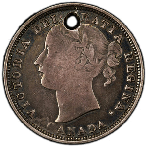 SOLD Canada 1858 Re-Engraved '5' 20 Cents Silver Coin - One Year Issue - Holed
