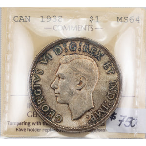 SOLD Canada 1938 $1 Silver Dollar Coin - ICCS MS-64 Original Patina