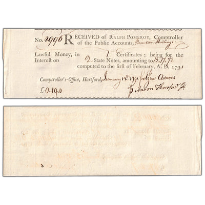 United States 1791 Connecticut Pay Warrant
