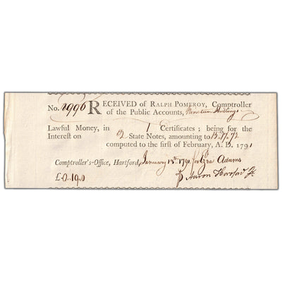 United States 1791 Connecticut Pay Warrant