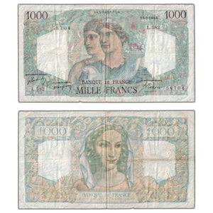 SOLD France 1949 1000 Francs Note P #130b - Pinholes/Tear