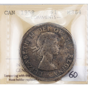 SOLD Canada 1958 $1 Silver Dollar Coin - ICCS MS-64