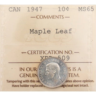 Canada 1947 Maple Leaf 10 Cents Dime Silver Coin - ICCS MS-65