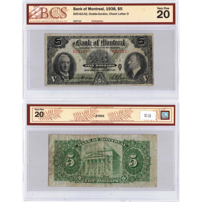 $5 1938 Bank of Montreal Canada Chartered Note #505-62-02 - BCS VF-20
