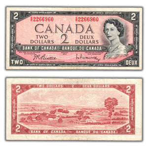 SOLD $2 1954 Bank of Canada Note Beattie-Rasminsky S/R Test Prefix BC-38bT - VF