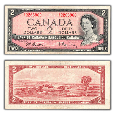 SOLD $2 1954 Bank of Canada Note Beattie-Rasminsky S/R Test Prefix BC-38bT - VF