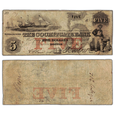 United States 1851 The Cochituate Bank $5 Five Dollars Obsolete Note - Pinholes