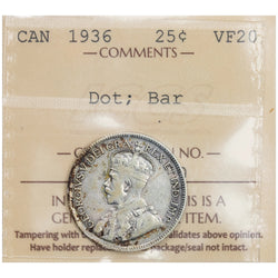 SOLD Canada 1936 Dot/Bar 25 Cents Quarter Silver Coin - ICCS VF-20