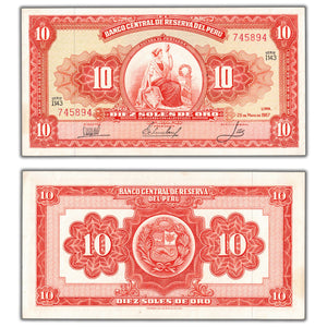 SOLD Peru 1967 10 Soles Note P #84a - AU/UNC