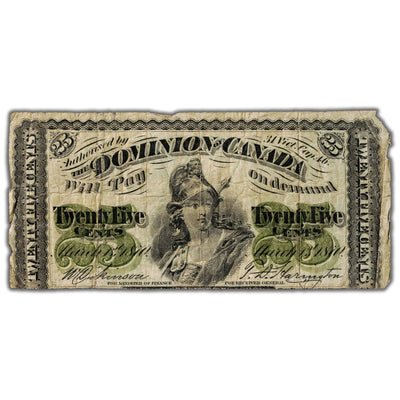 25 Cents 1870 Dominion of Canada Shinplaster Note Plain DC-1c - Damaged
