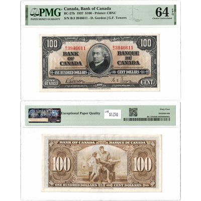 SOLD $100 1937 Bank of Canada Note Gordon-Towers B/J Prefix BC-27b - PMG UNC-64 EPQ