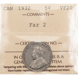 SOLD Canada 1932 Far 2 5 Cents Nickel Coin - Tough Variety - ICCS VF-20