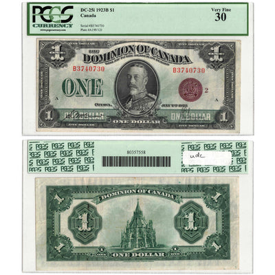 SOLD $1 1923 Dominion of Canada Note Bronze Seal Series B DC-25i - PCGS VF-30