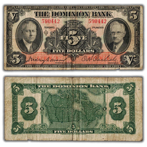 SOLD $5 1935 Dominion Bank Canada Chartered Note CH #220-26-04 - Corner Tear
