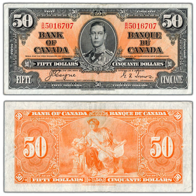 SOLD $50 1937 Bank of Canada Note Coyne-Towers B/H Prefix BC-26c - VF+