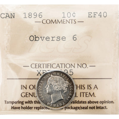 Canada 1896 Obverse 6 10 Cents Dime Silver Coin - ICCS EF-40